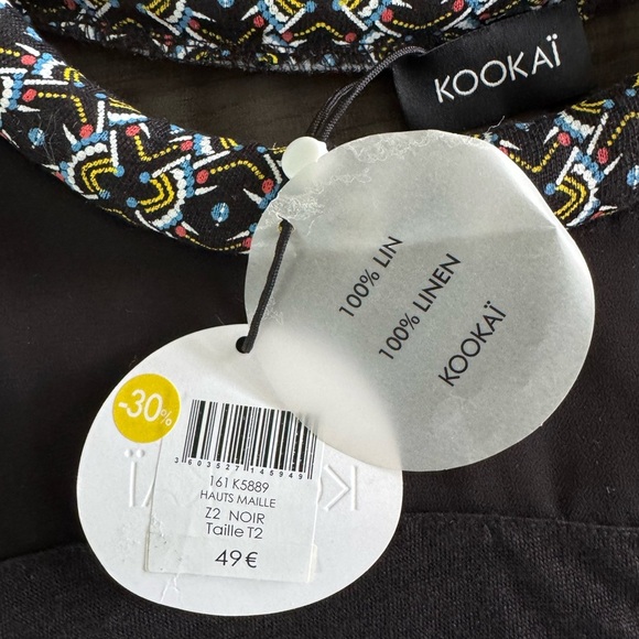 NWT KOOKAI 100% linen top with mesh and embroidered collar size T2 (US medium) - Picture 4 of 7